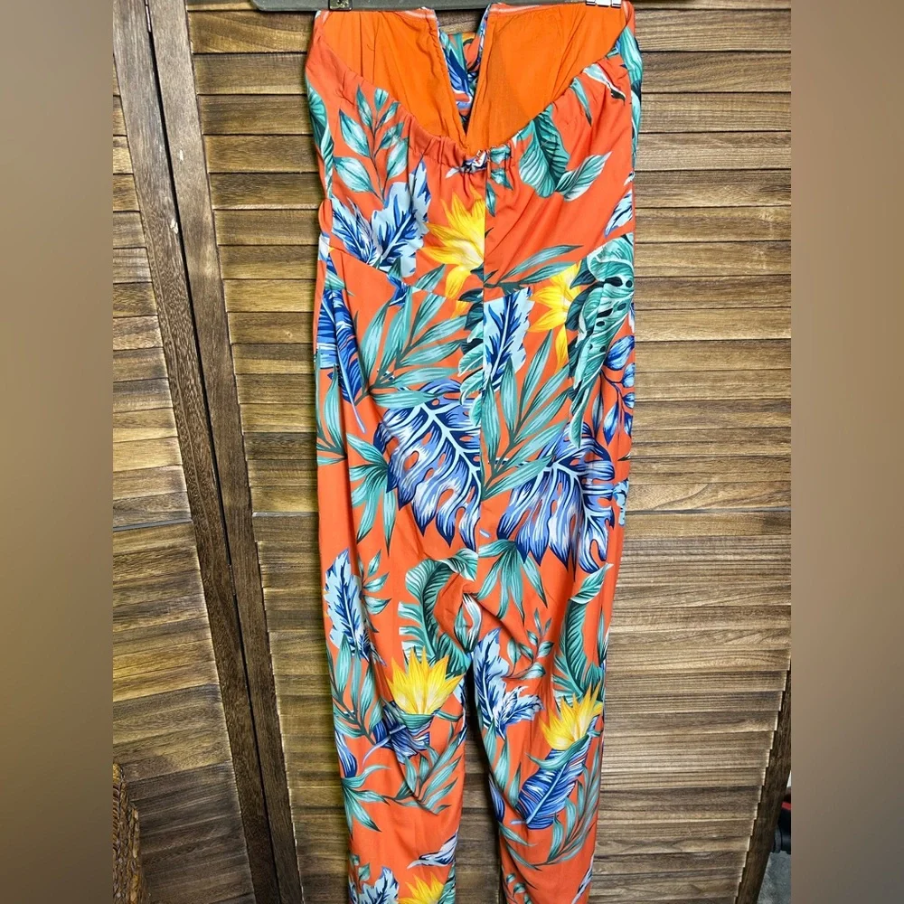 Lulu's  Leaf Print Jumpsuit Luxe Luau Orange Tropical Print Strapless Tie-Front - Picture 5 of 7